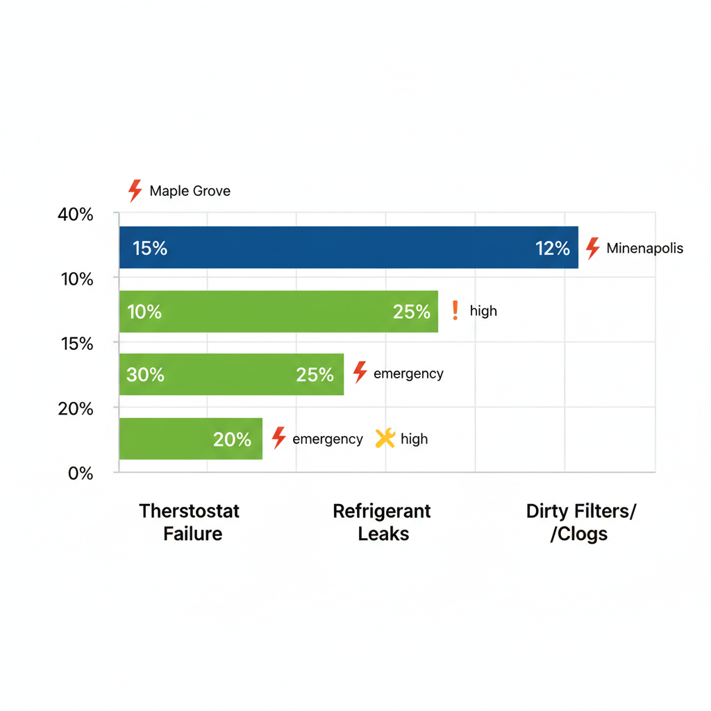 Horizontal bar chart comparing AC breakdown causes including thermostat failure, refrigerant leaks, and dirty filters across Maple Grove, Eagan, and Minneapolis with percentage labels and urgency icons.