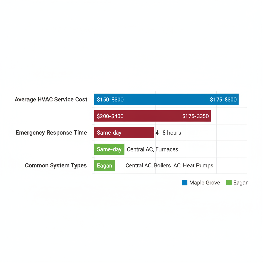 Horizontal bar chart comparing HVAC service costs, response times, and system types in Maple Grove, Minneapolis, and Eagan.