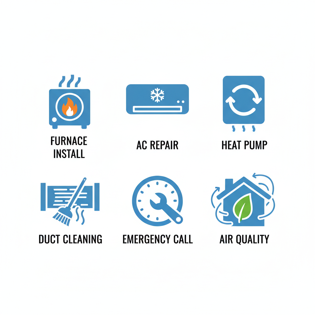 Grid of icons representing key HVAC services: furnace, AC, heat pump, duct cleaning, emergency, and air quality.