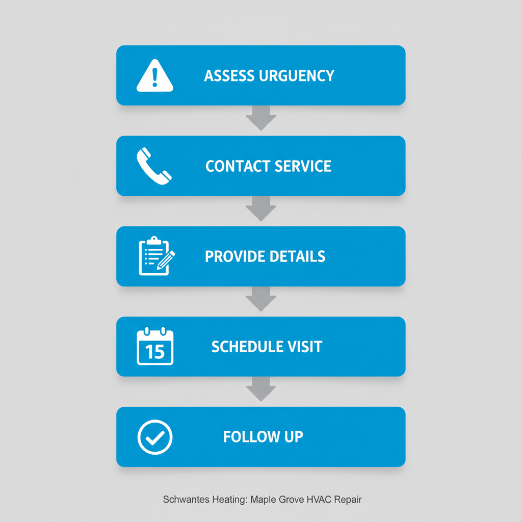 Vertical process flow diagram showing five steps to arrange HVAC repair: assess urgency, contact service, provide details, schedule visit, and follow up.
