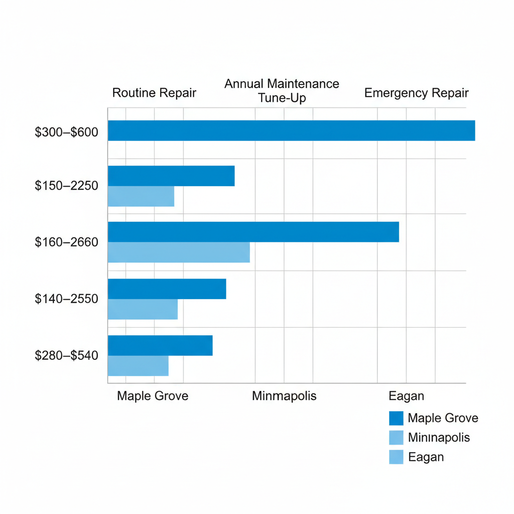 Horizontal bar chart comparing average heat pump repair and maintenance costs in Maple Grove, Minneapolis, and Eagan areas.