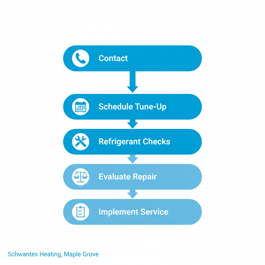 Vertical process flow diagram illustrating five steps to begin heat pump service: contact for inspection, schedule tune-up, perform checks, evaluate options, and implement service package.