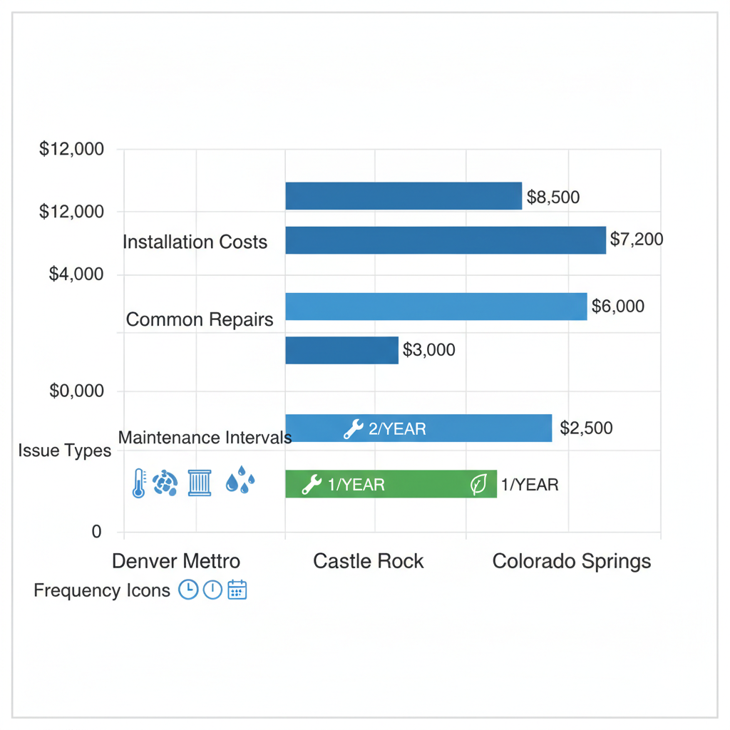 Bar chart comparing HVAC installation costs, common repair issues, and maintenance frequency in Denver Metro, Castle Rock, and Colorado Springs areas
