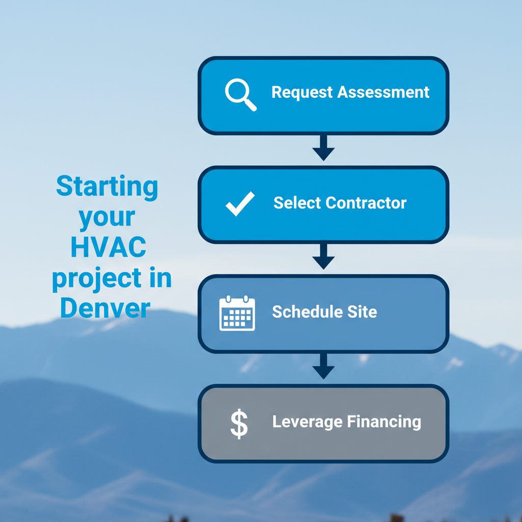 Vertical process flow diagram showing four steps to begin an HVAC project in Denver with icons and brief labels.