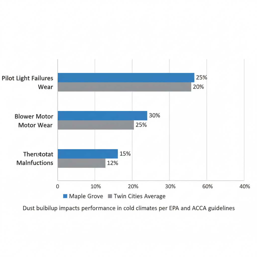 Horizontal bar chart comparing furnace issues like pilot light failures, blower motor wear, and thermostat malfunctions in Maple Grove versus Twin Cities average