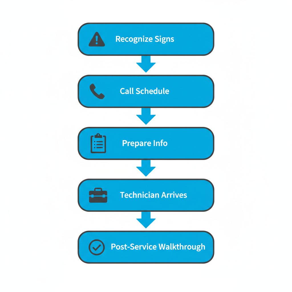 Vertical process flow diagram showing five steps to begin furnace service, with icons and brief labels.
