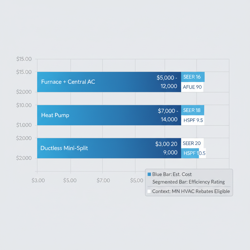 Bar chart comparing costs and efficiency of Furnace + Central AC, Heat Pump, and Ductless Mini-Split systems for Maple Grove HVAC needs