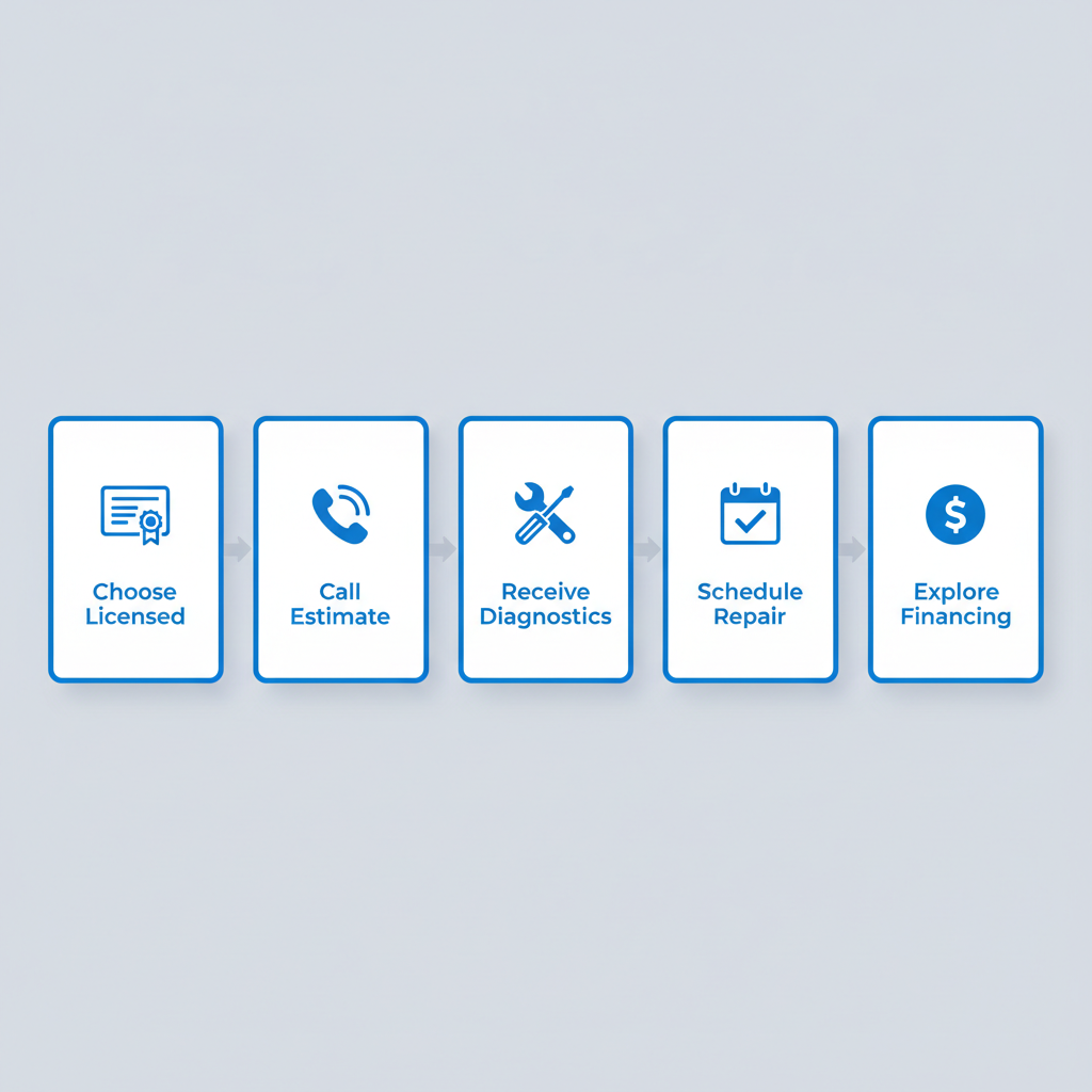 Horizontal process flow diagram illustrating five steps to start HVAC services: choose licensed contractors, call for estimate, receive diagnostics, schedule repair, explore financing, with relevant icons.