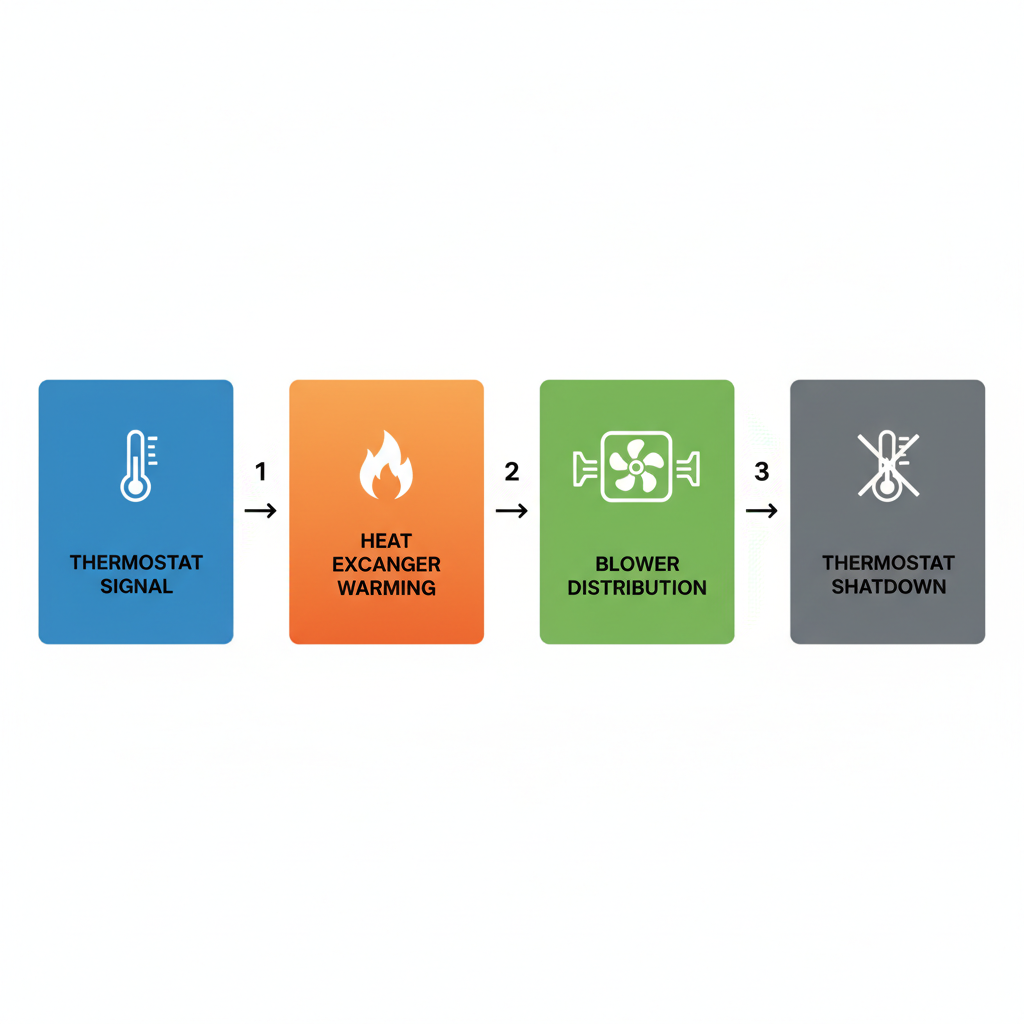 Horizontal process flow diagram showing furnace operation steps in dry climate: thermostat trigger, air heating, distribution, and shutdown.