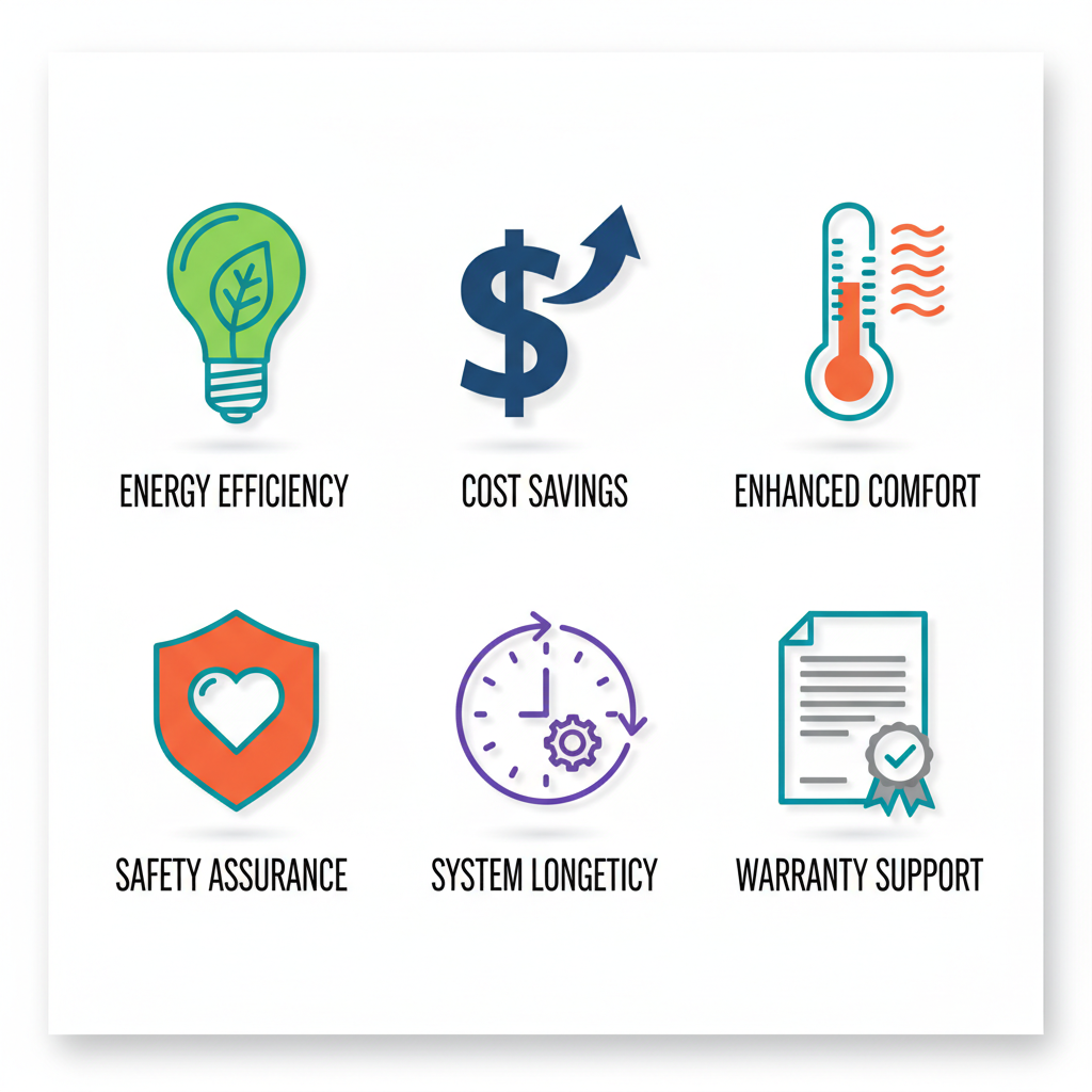 Grid of six icons depicting benefits of professional heating services: energy efficiency, cost savings, enhanced comfort, safety assurance, system longevity, and warranty support.