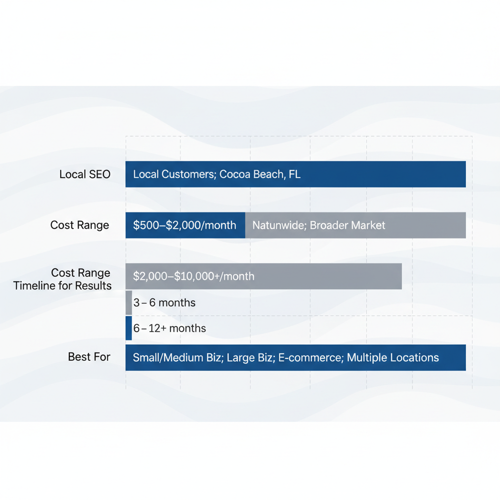 Bar chart illustrating differences between local and national SEO strategies for businesses in Cocoa Beach, Florida, highlighting aspects like audience, costs, timelines, and suitability