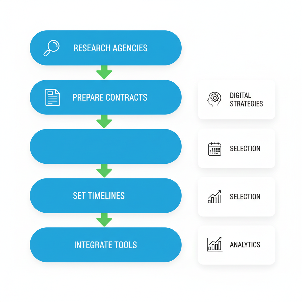 Vertical process flow diagram showing four steps to engage an SEO company: research, prepare, set timelines and budgets, integrate tools, with icons and arrows.
