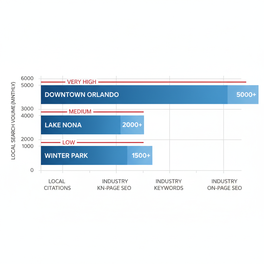 Horizontal bar chart comparing monthly local search volumes and competition levels across Orlando neighborhoods: Downtown Orlando, Lake Nona, and Winter Park.