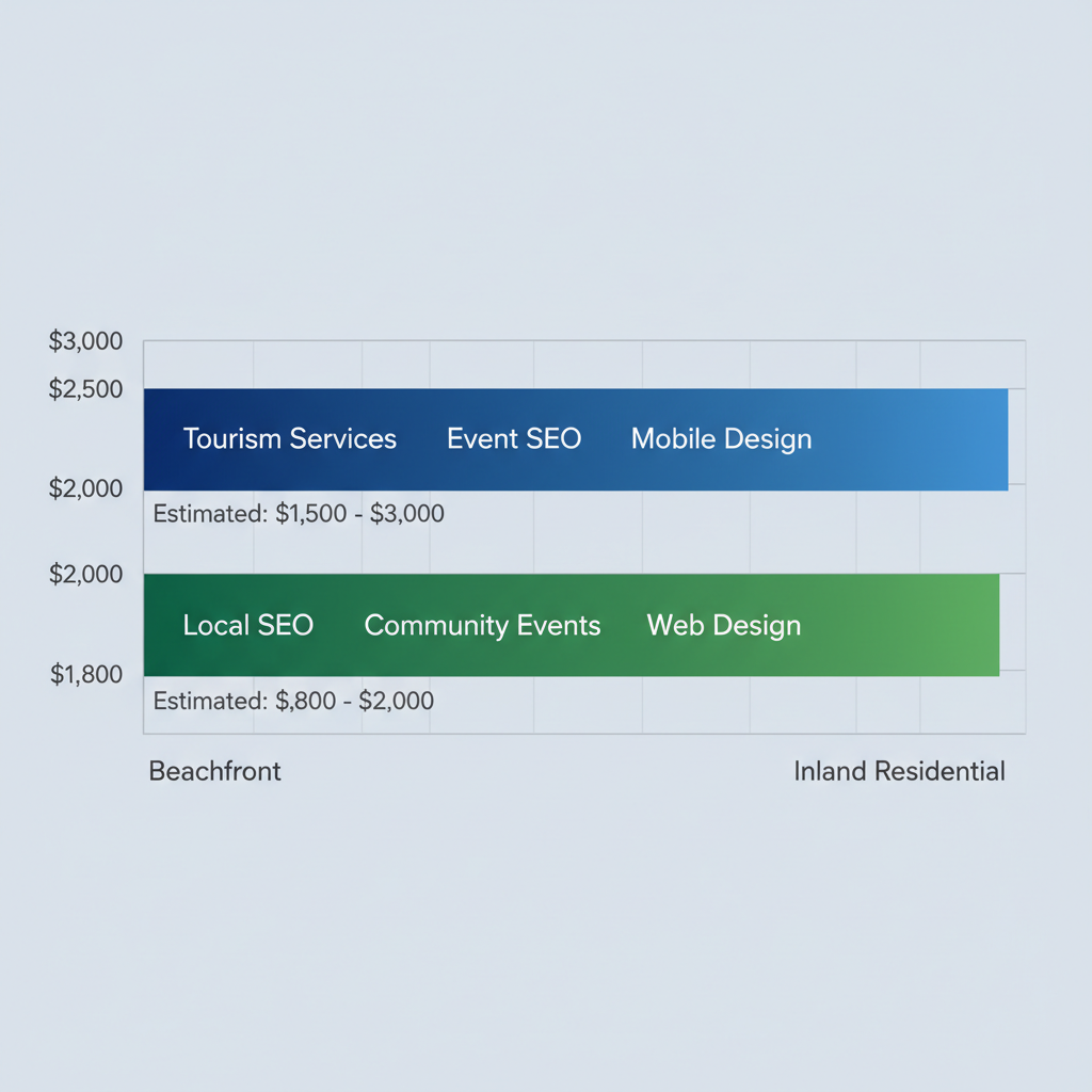Horizontal bar chart comparing digital marketing budgets in Cocoa Beach's Beachfront and Inland Residential zones, highlighting SEO and web design priorities for small businesses.