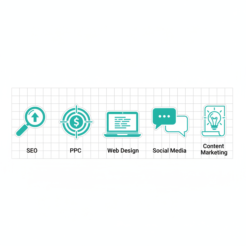 Grid of icons for digital marketing services including SEO, PPC, web design, social media, and content marketing