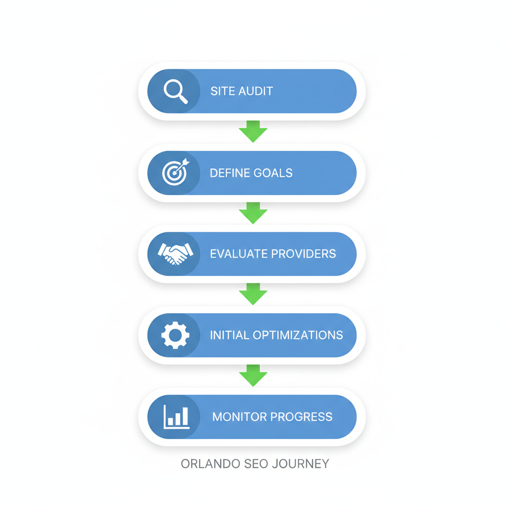 Vertical process flow diagram showing five steps to start your SEO journey in Orlando with icons and labels
