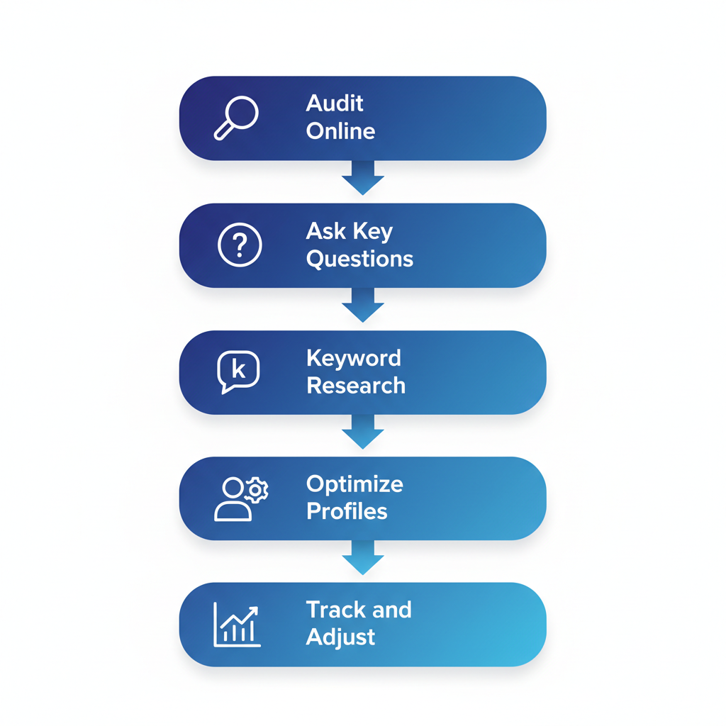 Vertical process flow diagram illustrating the five steps to start Orlando SEO services: auditing presence, asking questions, keyword research, profile optimization, and progress tracking with icons.