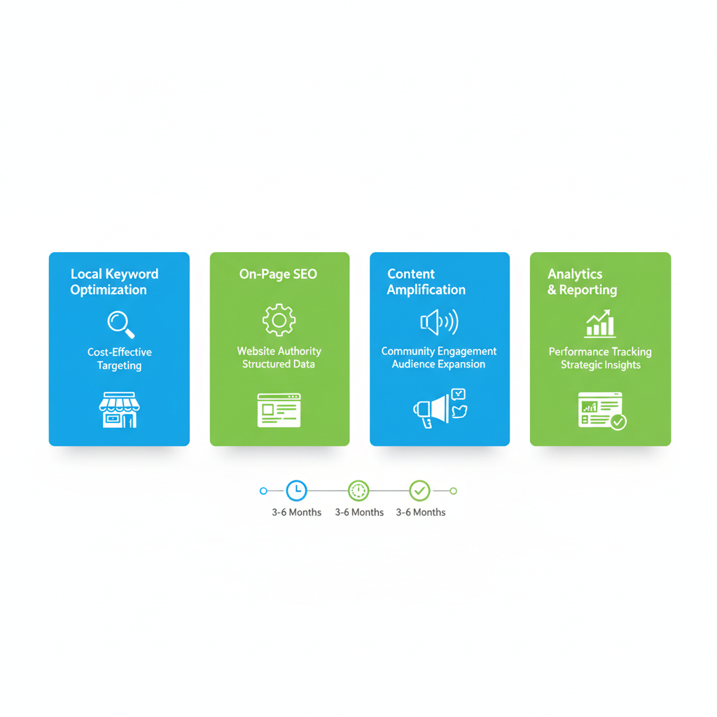 Infographic comparing SEO focus areas for small and large businesses in Orlando with icons and timelines