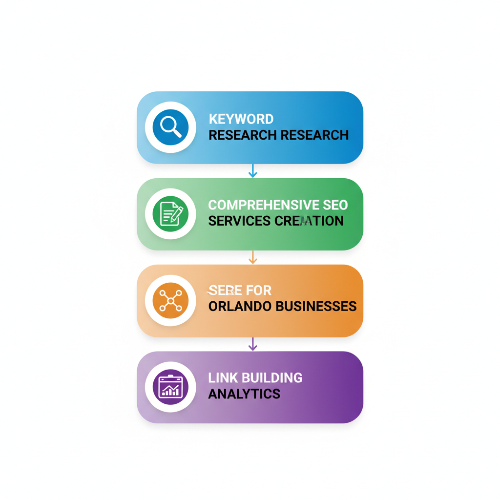 Vertical process flow diagram showing four key steps in SEO services: keyword research, content creation, link building, and analytics for Orlando businesses.