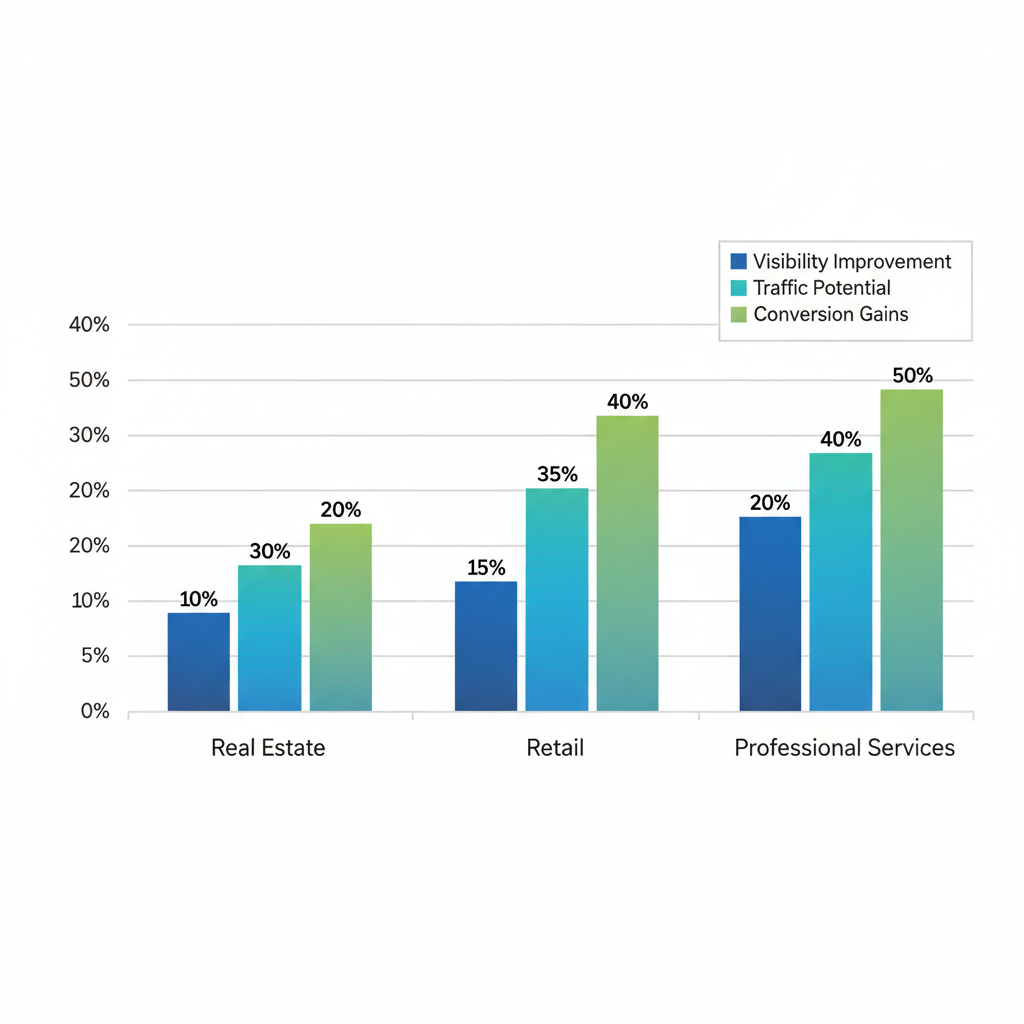 Bar chart showing percentage ranges for SEO visibility improvement, traffic potential, and conversion gains in Orlando's Real Estate, Retail, and Professional Services industries