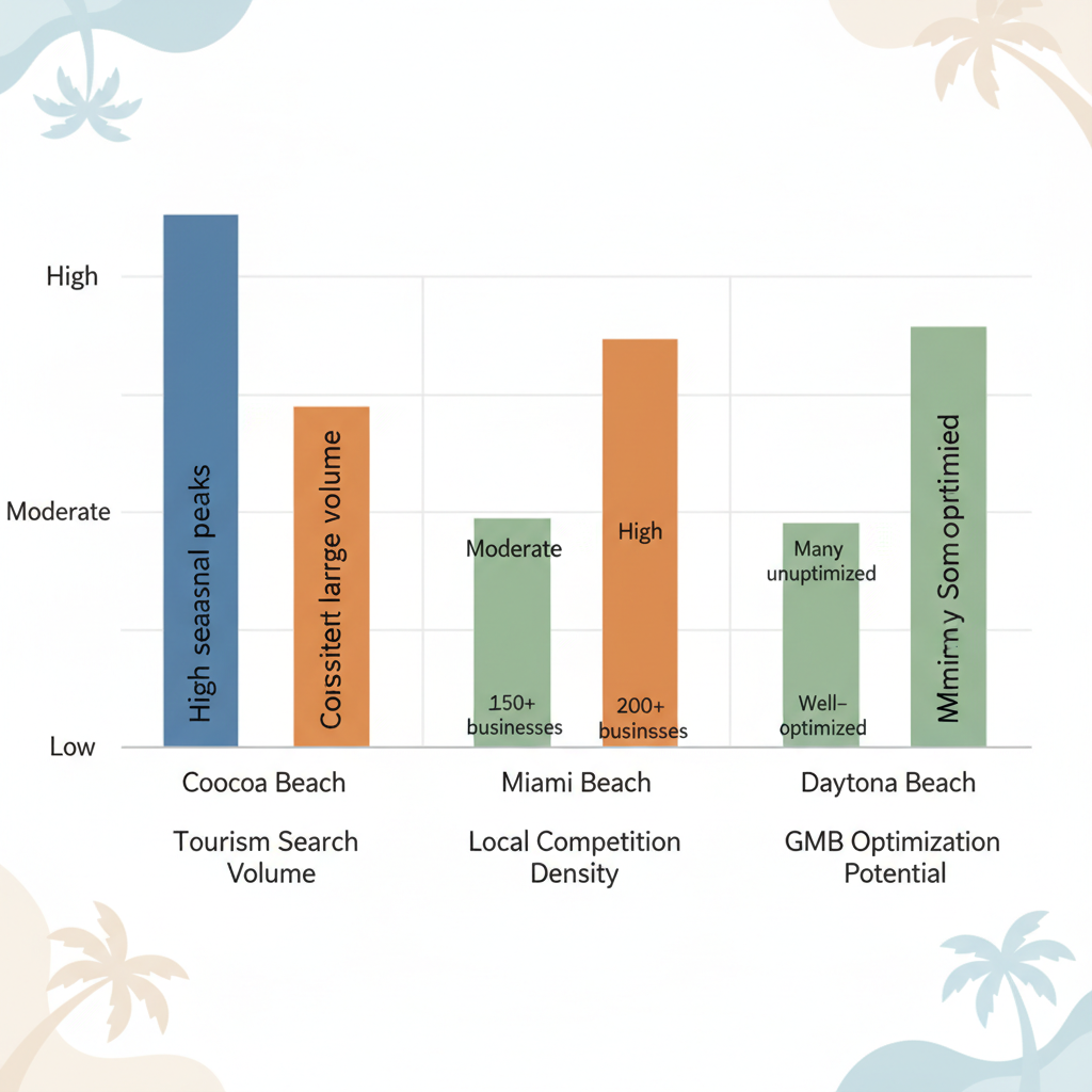 Bar chart comparing SEO opportunities in Cocoa Beach, Miami Beach, and Daytona Beach across tourism search, competition, and GMB potential.