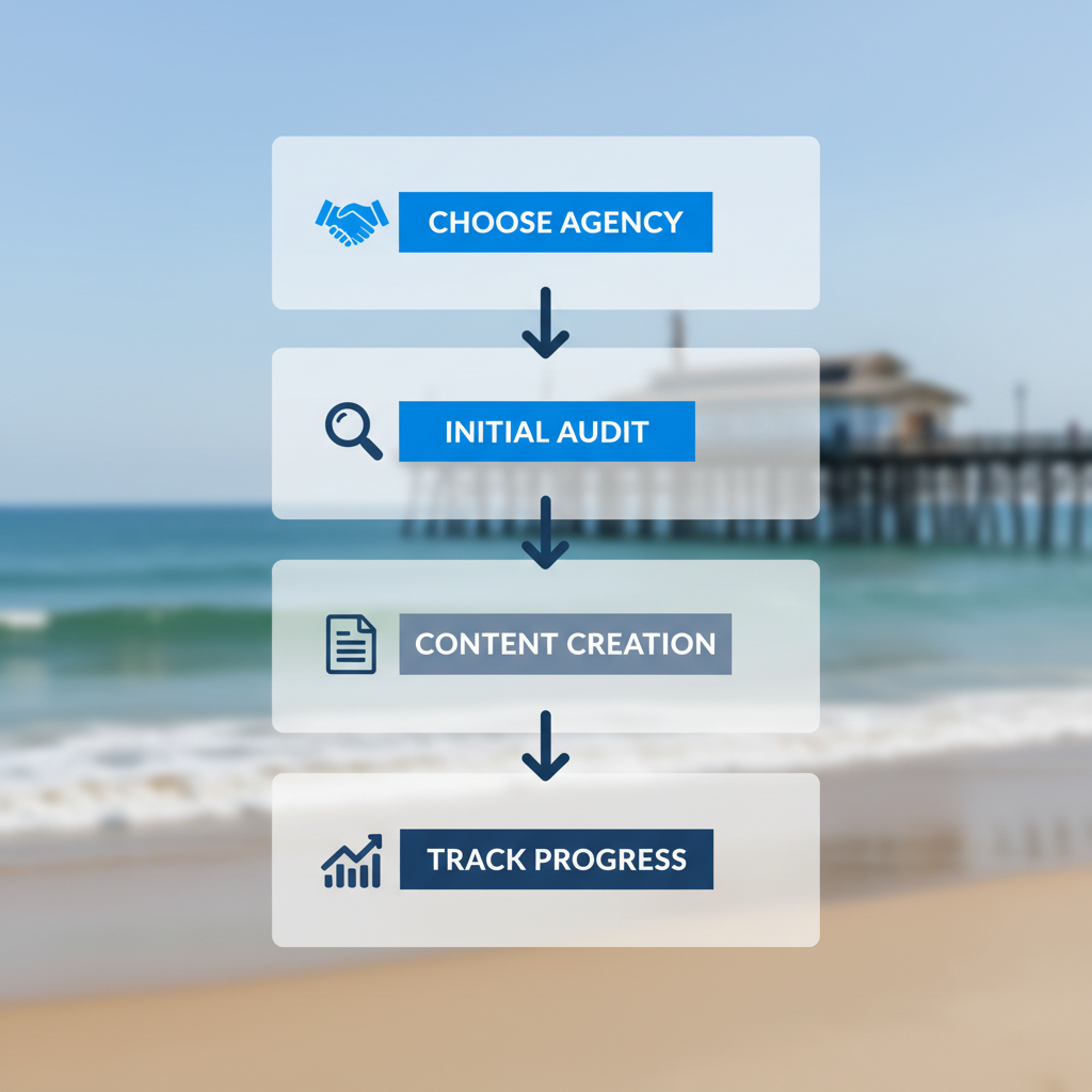 Vertical process flow diagram illustrating four key steps for SEO implementation in Cocoa Beach businesses with icons and minimal labels