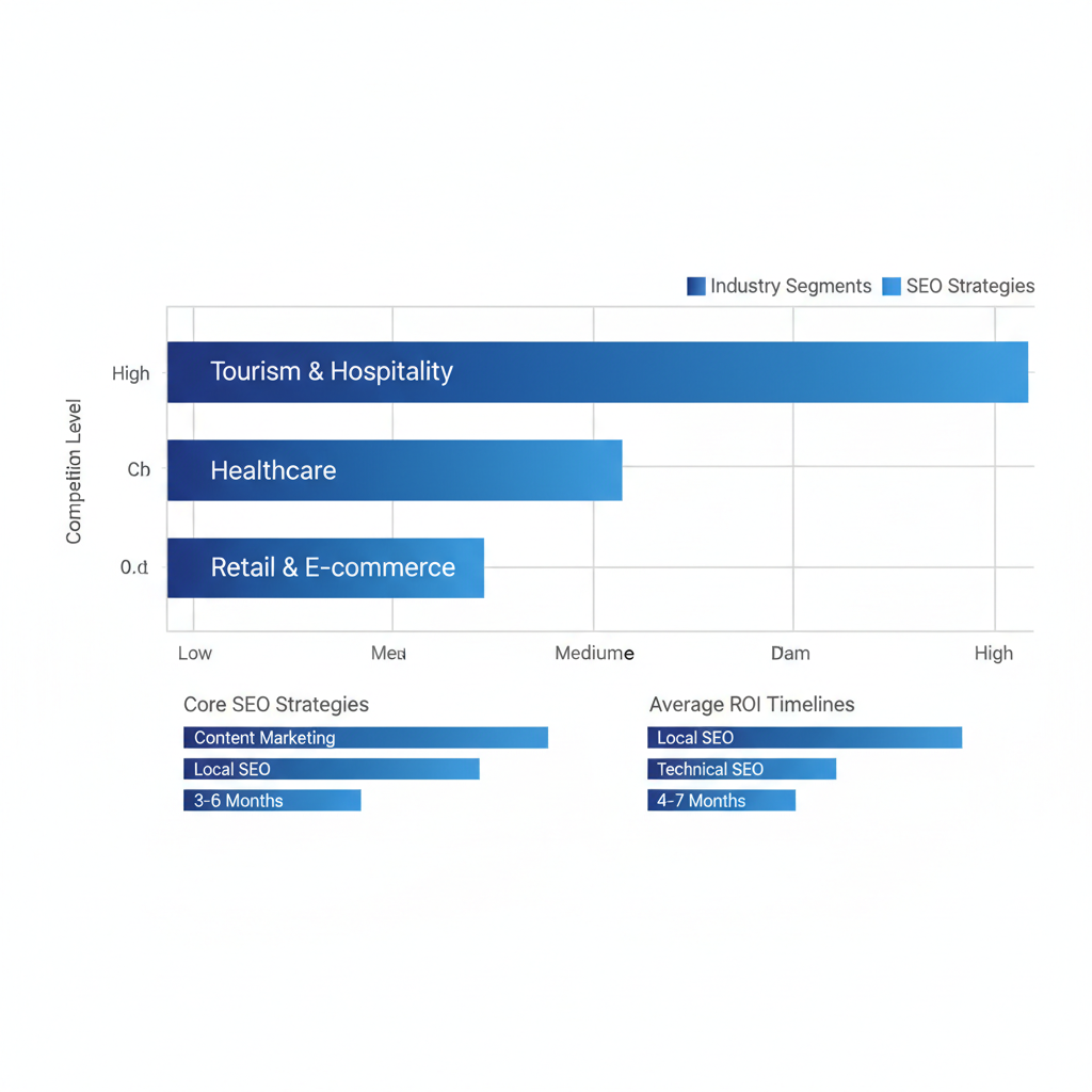 Horizontal bar chart comparing competition levels in Orlando SEO market segments including tourism, healthcare, and retail, with ROI timelines.