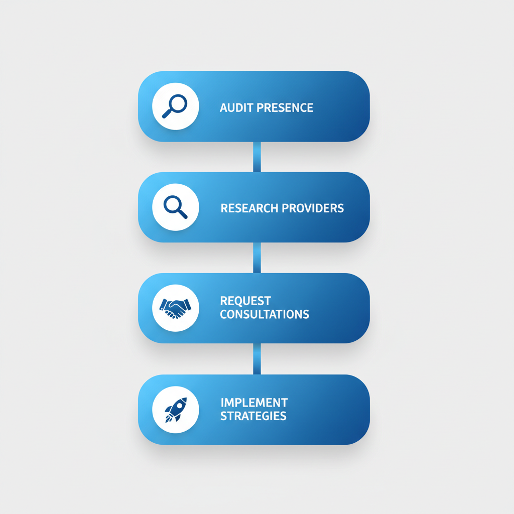 Vertical illustration of four-step process to begin SEO journey: audit, research, consultations, and implementation with icons.