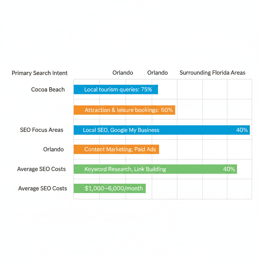 Horizontal bar chart comparing digital marketing aspects including search intent, SEO focus, and costs across Cocoa Beach, Orlando, and surrounding Florida areas.