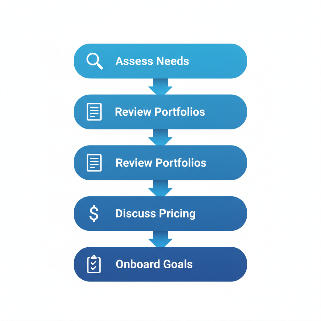 Vertical process flow diagram illustrating four steps to partner with an SEO company: assess needs and research, review portfolios, discuss pricing and timelines, onboard with goal setting.