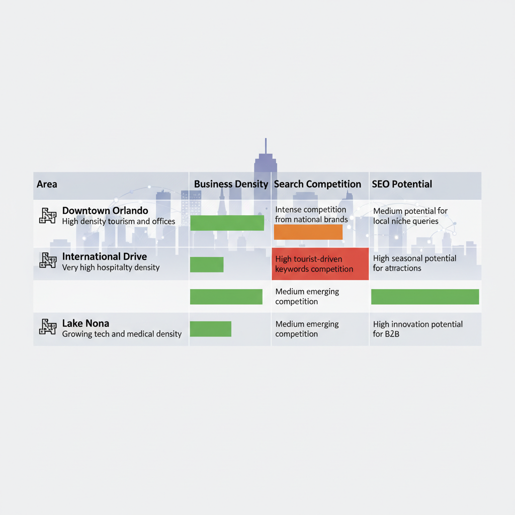 Infographic table comparing business density, search competition, and SEO potential in key Orlando areas: Downtown, International Drive, and Lake Nona.