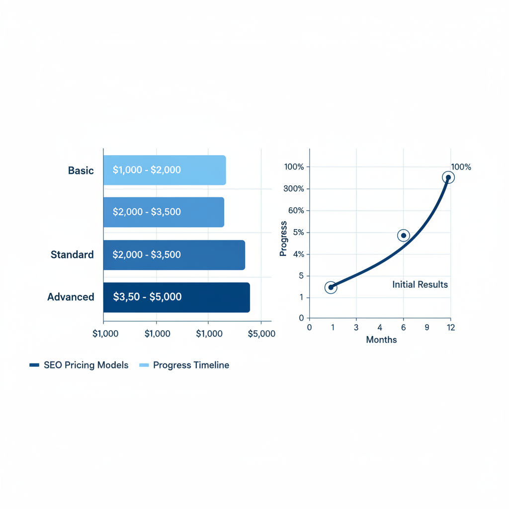 Horizontal bar chart showing Orlando SEO pricing ranges by service level and timeline line graph for progress milestones