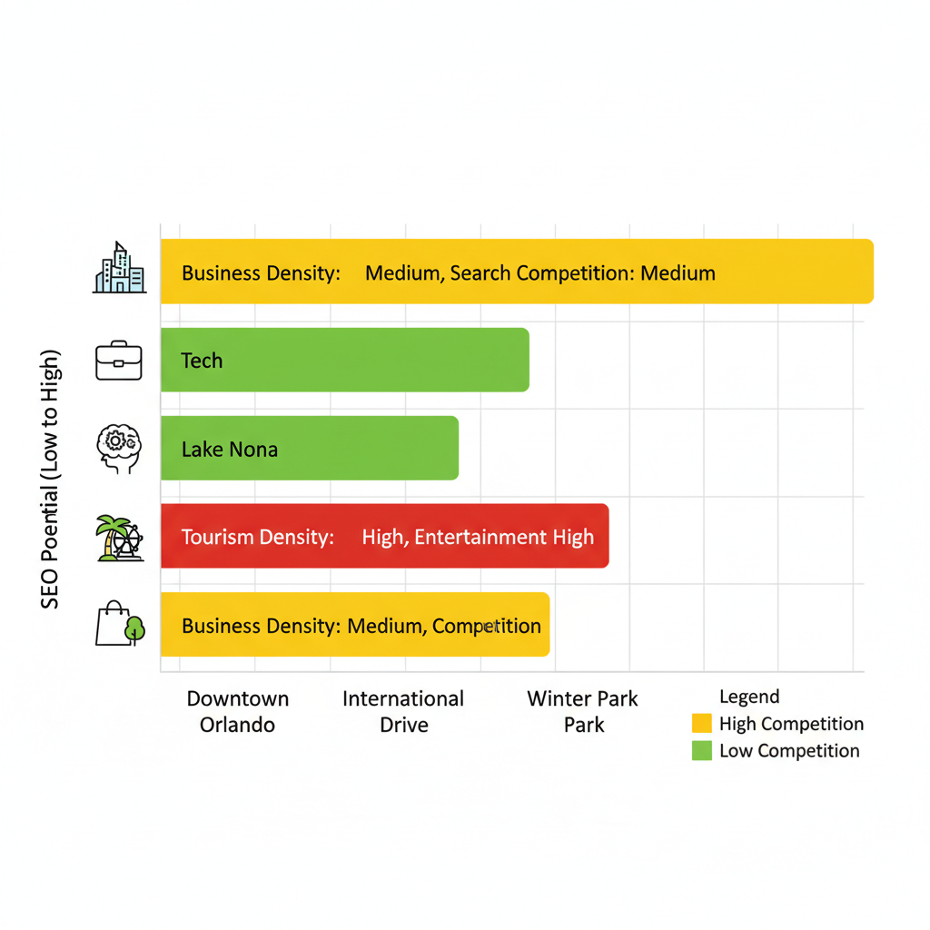 Horizontal bar chart comparing SEO potential across four Orlando neighborhoods with color-coded competition levels and icons.