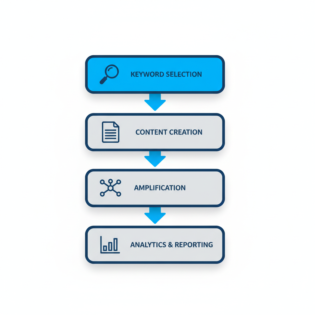 Vertical process flow diagram of four-step Orlando SEO process with icons for keyword selection, content creation, network amplification, and analytics reporting