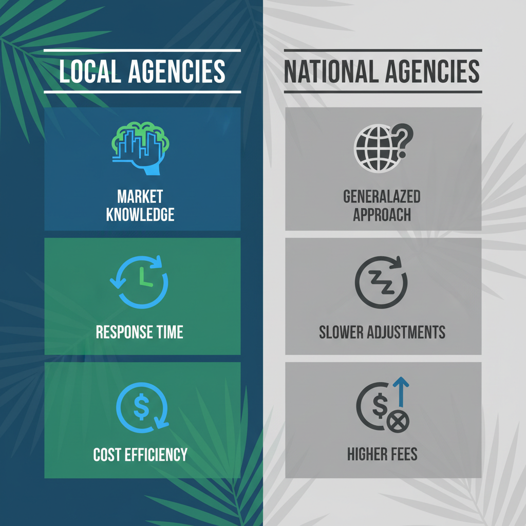 Infographic illustrating differences between local and national SEO agencies in Orlando, emphasizing local advantages with icons for market knowledge, response time, and cost.