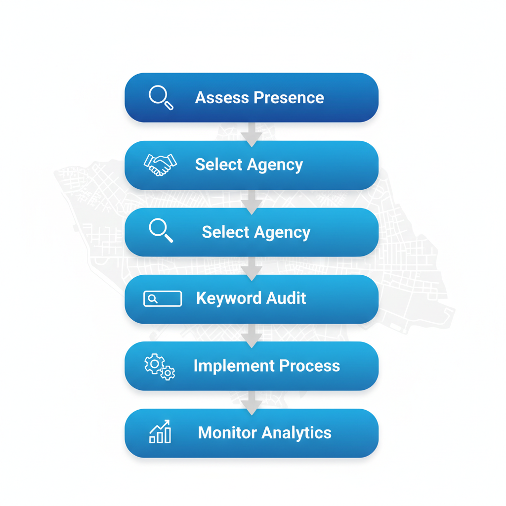 Vertical process flow diagram illustrating five key steps to launch an SEO strategy in Orlando using icons and short labels.