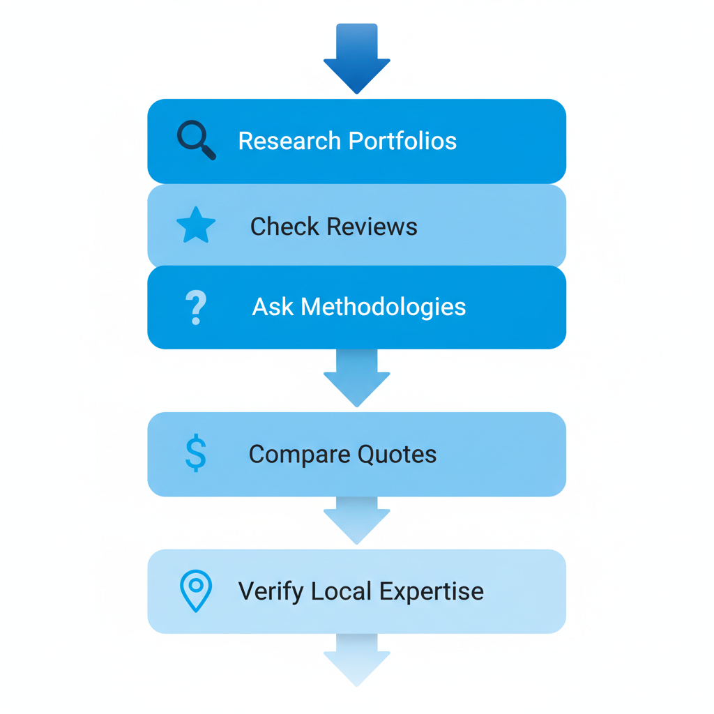 Vertical process flow diagram illustrating five steps to select an SEO company in Orlando with icons and minimal labels