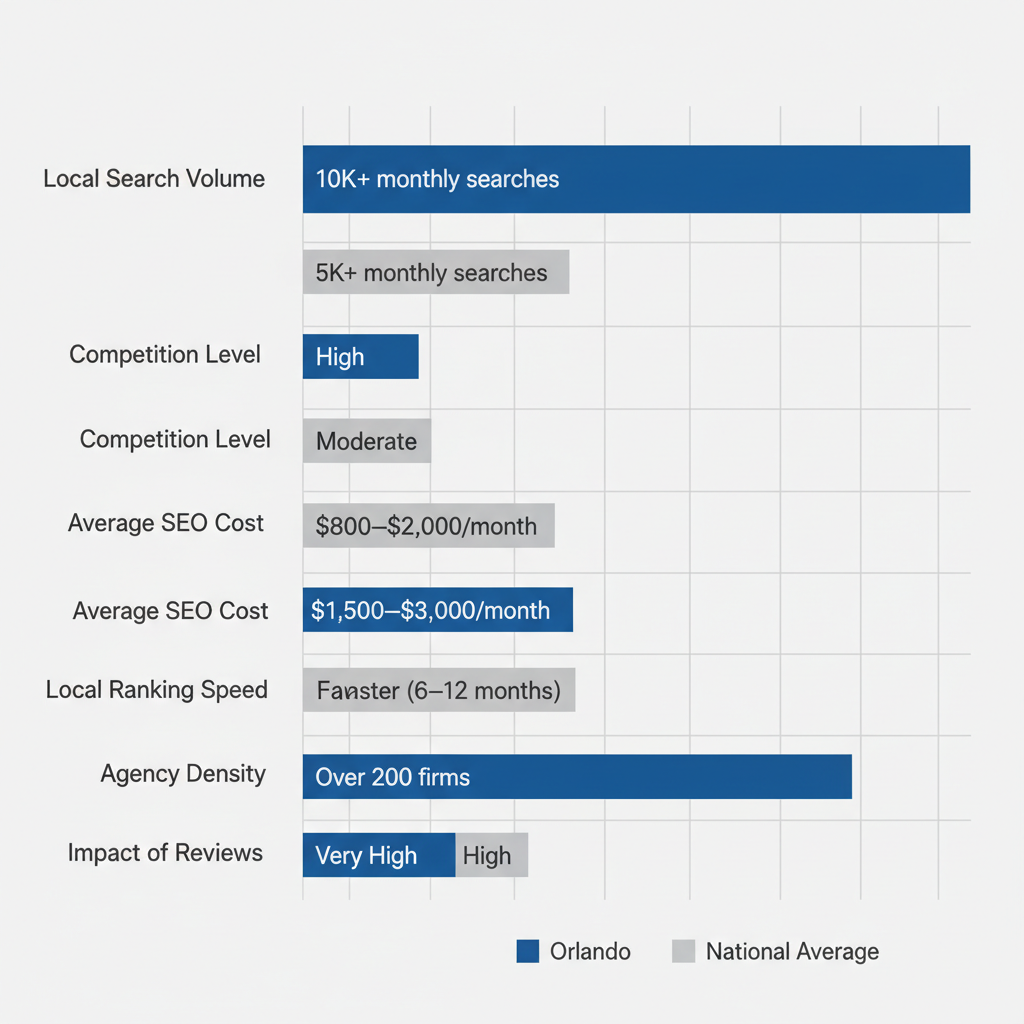 Horizontal bar chart comparing key SEO market factors in Orlando, Florida, to national averages, highlighting local advantages like high search volume and costs.