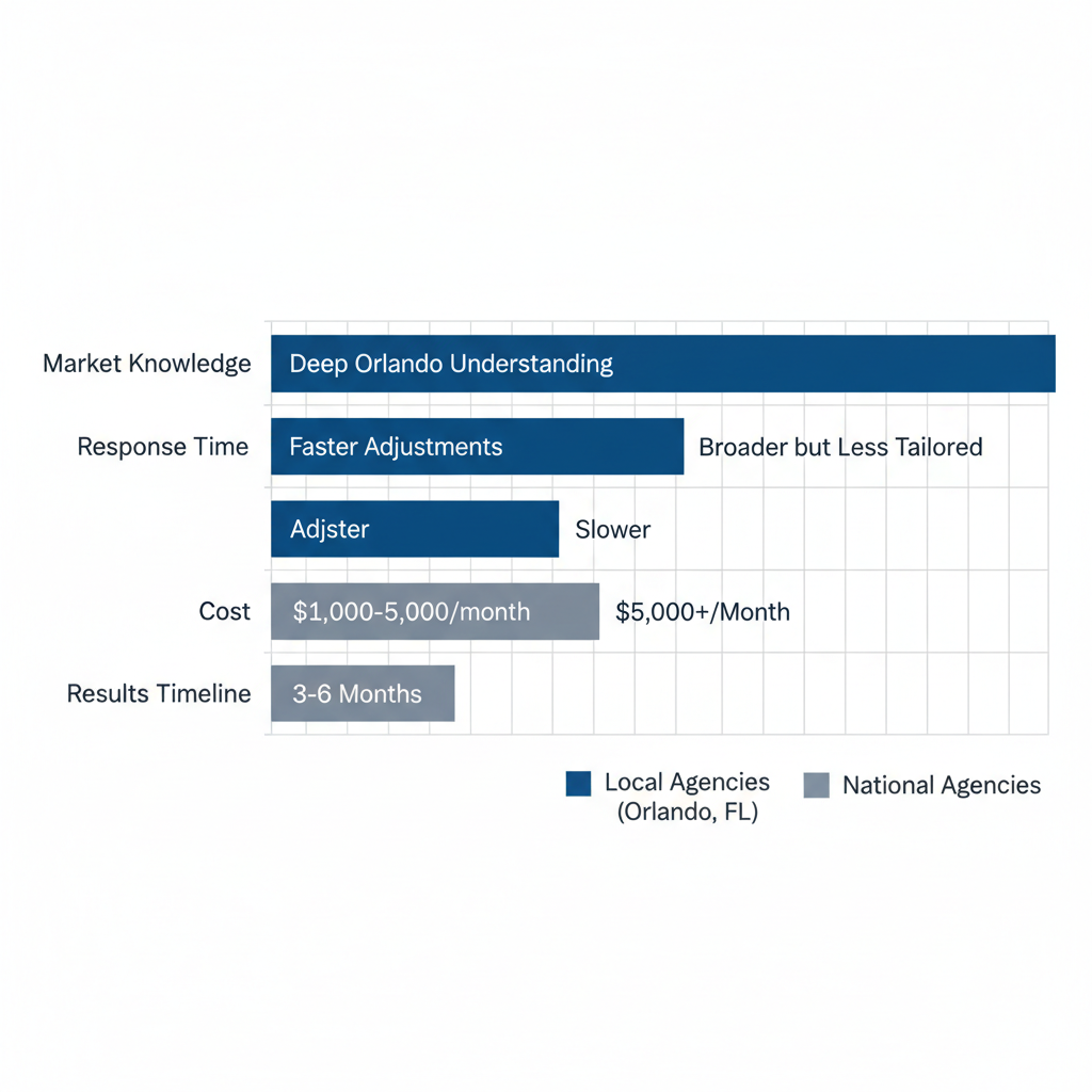 Horizontal bar chart comparing strengths of local and national SEO agencies in Orlando across market knowledge, response time, cost, and results timeline