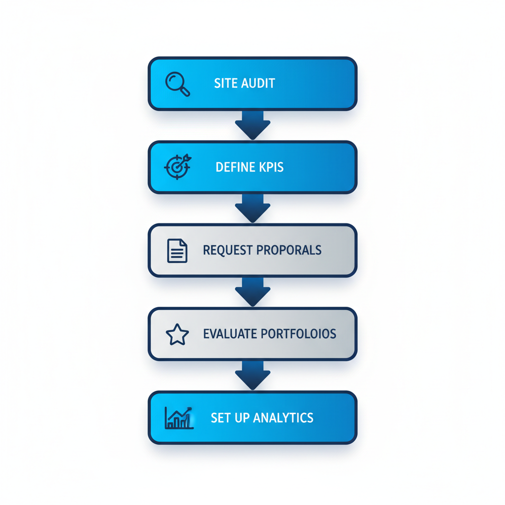 Vertical process flow diagram showing five steps to start SEO in Orlando: site audit, define KPIs, request proposals, evaluate portfolios, set up analytics.