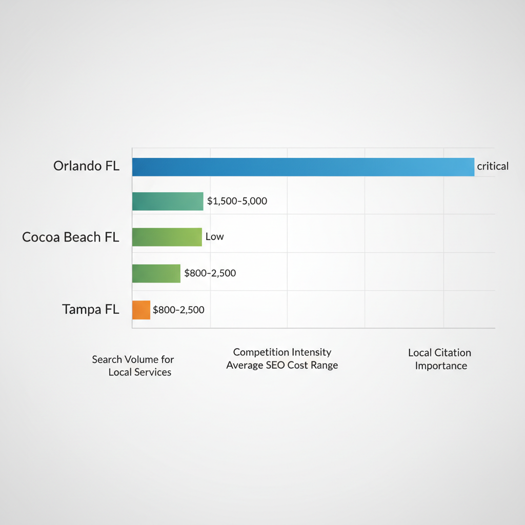 Horizontal bar chart illustrating SEO factor comparisons across Orlando, Cocoa Beach, and Tampa regions