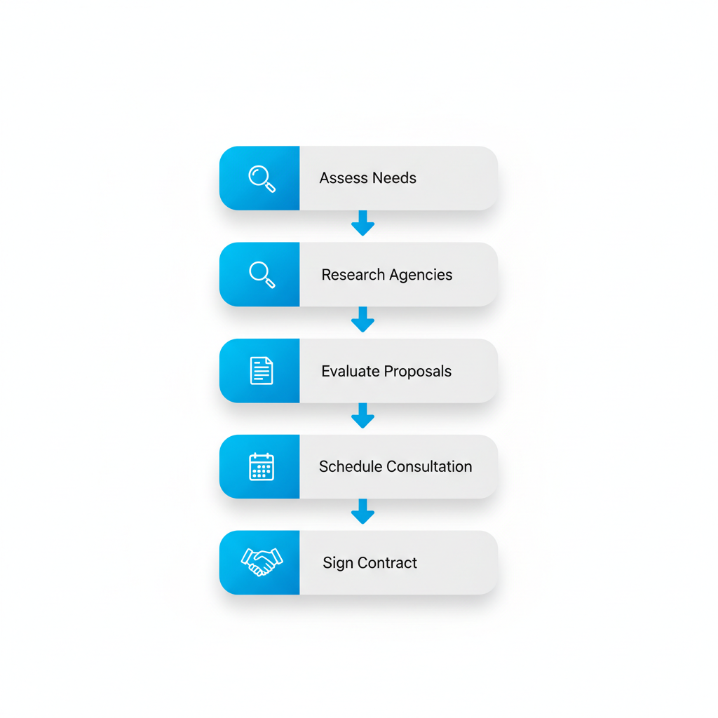 Vertical process flow diagram illustrating five steps to engage Orlando SEO services with icons and brief labels.