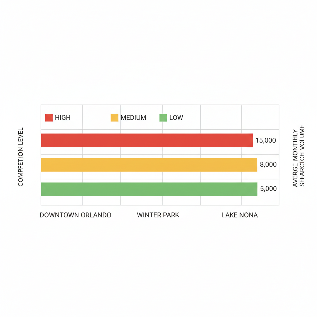Bar chart comparing SEO competition and search volume in Downtown Orlando, Winter Park, and Lake Nona areas for small businesses