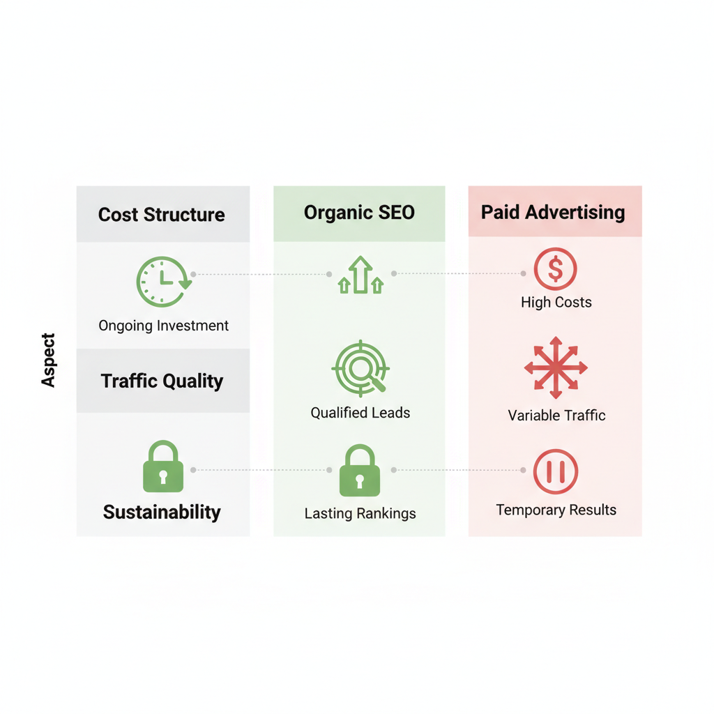 Infographic comparing benefits of organic SEO versus paid advertising for Orlando businesses