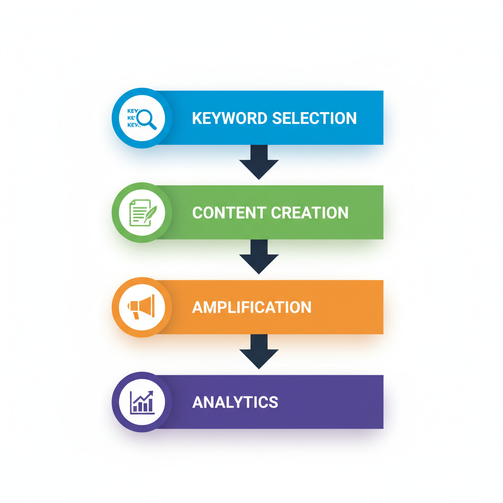 Vertical process flow diagram showing four steps of Orlando SEO consulting: keyword selection, content creation, amplification, and analytics with icons.