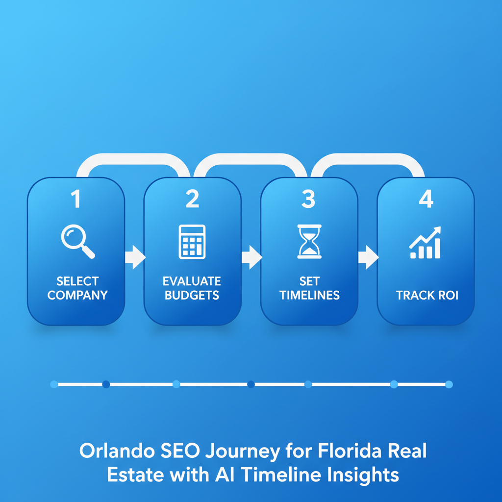 Horizontal process flow diagram illustrating four steps to start an SEO journey in Orlando, Florida: select company, evaluate budgets, set timelines, track ROI.