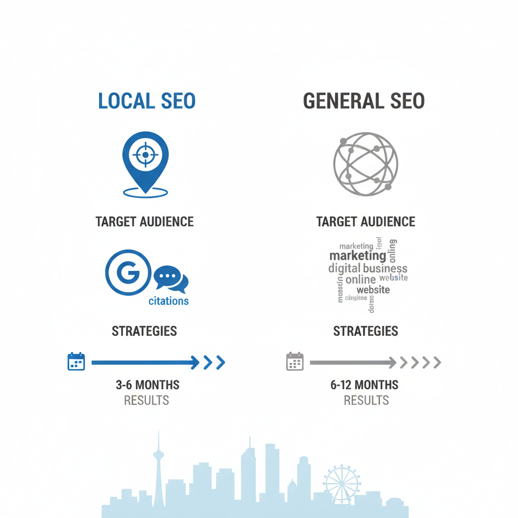 Infographic comparing Local SEO and General SEO strategies for Orlando businesses with icons and timelines