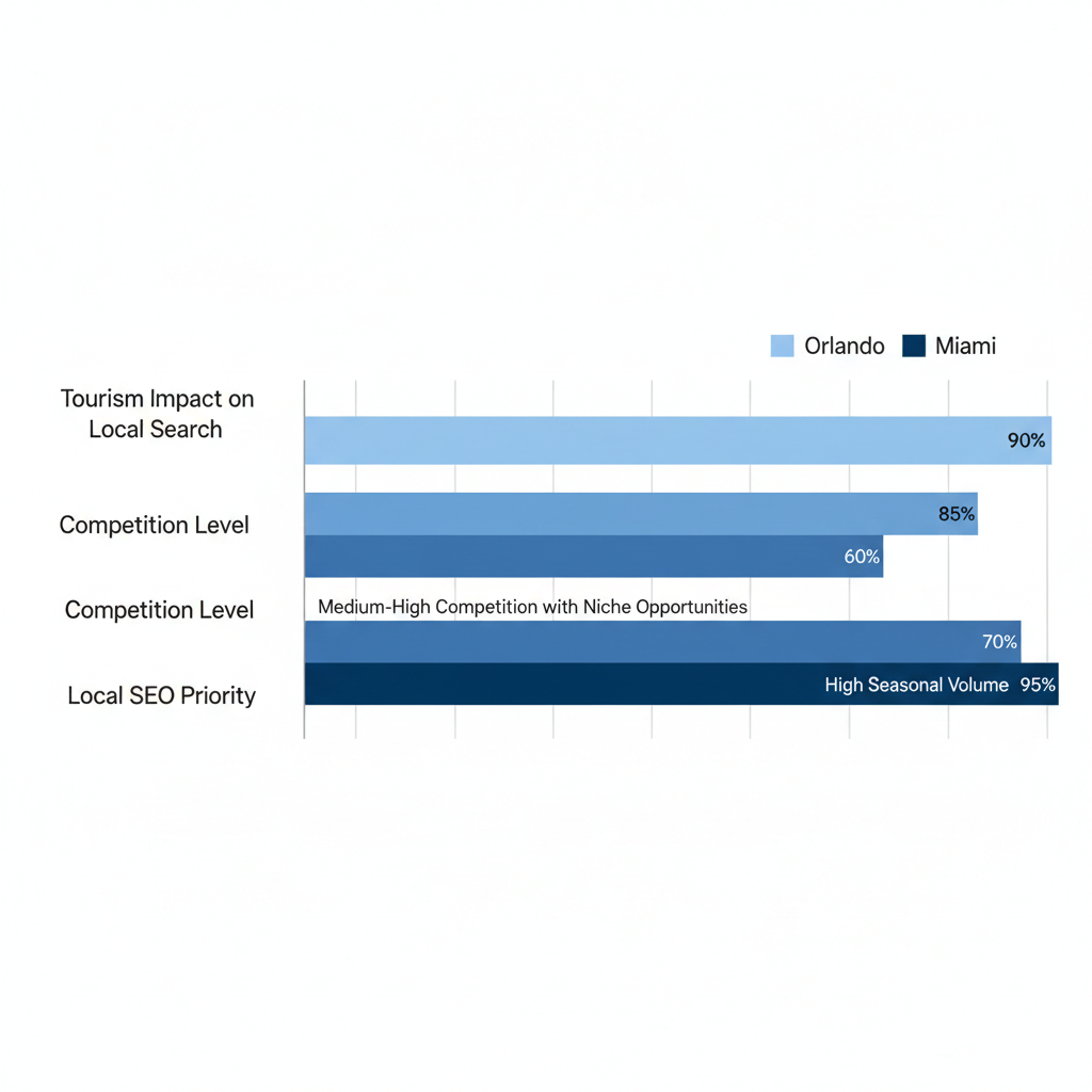 Bar chart comparing SEO factors including tourism impact, competition, and local priority across Orlando, Miami, and Tampa.