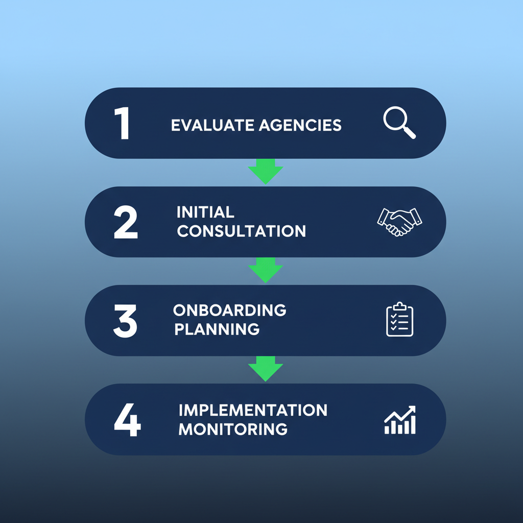 Vertical process flow diagram illustrating four steps to begin Orlando SEO services with icons and green arrows.