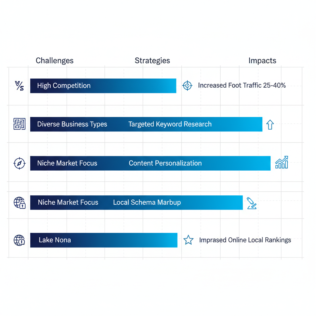 Horizontal bar chart comparing SEO challenges, strategies, and impacts in Orlando neighborhoods including Downtown, Winter Park, and Lake Nona.